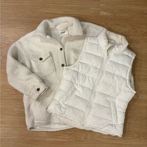 Aerie Sherpa Shacket + Quilted Puffer Vest Bundle White Cozy Layer Set Large